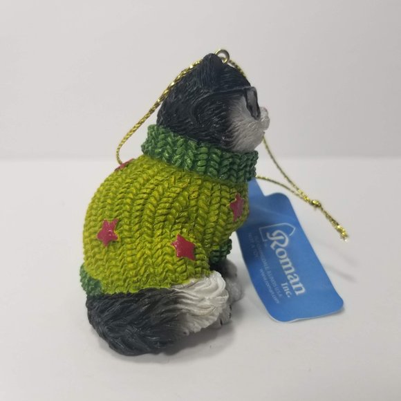 New Cat in Sweater & Glasses Xmas Ornament Decor - Picture 2 of 4